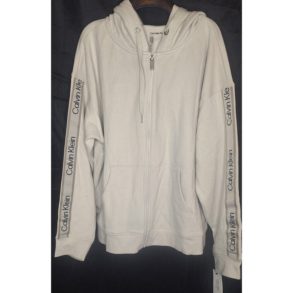 Calvin Klein Performance Womens XL Ivory White Sleeve Logo Tape Full Zip Hoodie